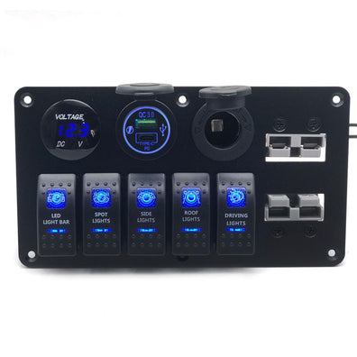 YJ-ADSP030 Double 50A Anderson Plug Panel Flush Surface Mount with 5 x Rocker Switch, Cigarette Lighter Socket, Dual QC 3.0 USB Charger & Voltmeter for Caravan Camper Boat Truck SB50